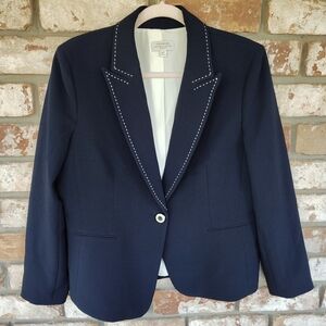 Tahari ASL Women's Navy One Button Blazer White Accent 16P Career Event Office